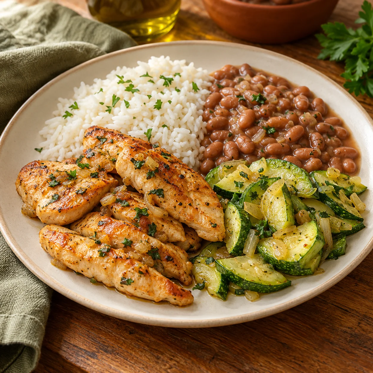 Refeição de frango, arroz, feijão e abobrinha