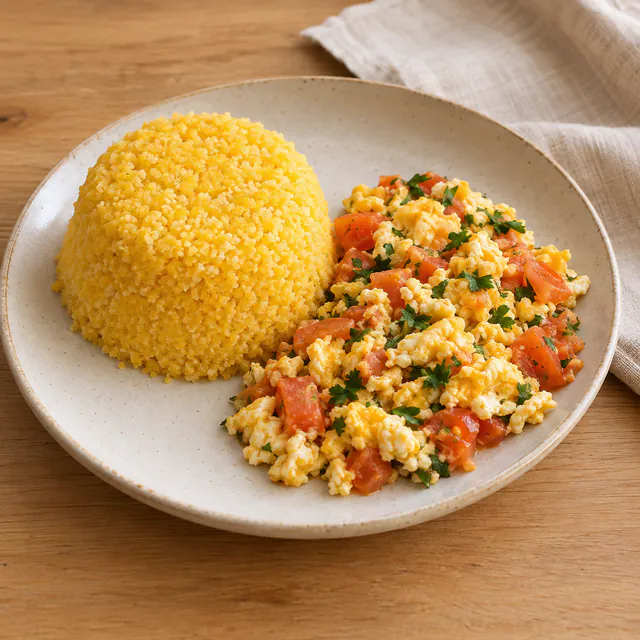 Cuscuz servido com ovos e tomate